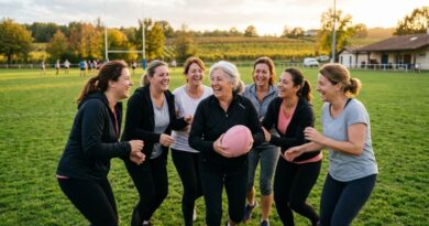 femmes de tous âges riant avec un ballon de rugby en mousse