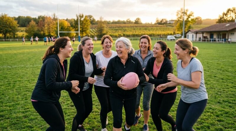 femmes de tous âges riant avec un ballon de rugby en mousse